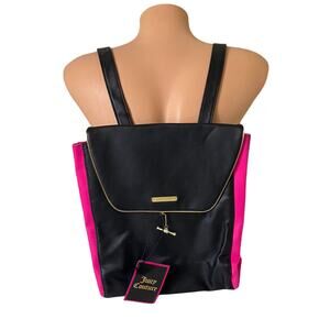 Juicy Couture Backpack Black Pink Bag Expandable Purse Handbag Gold Trim New